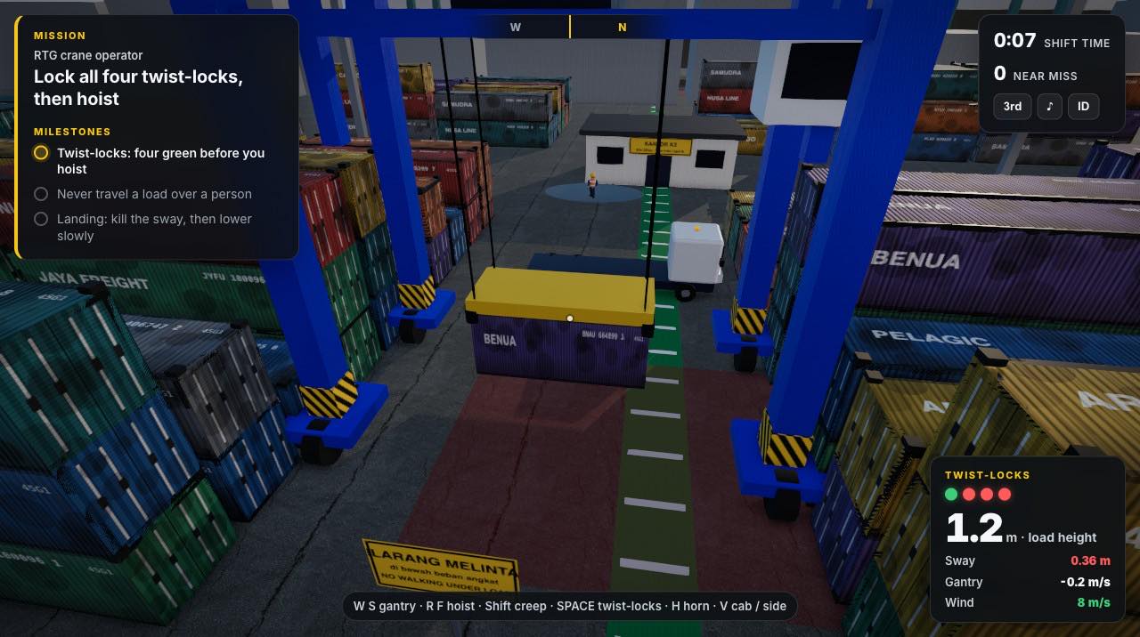 RTG crane view with the twist-lock and sway gauge