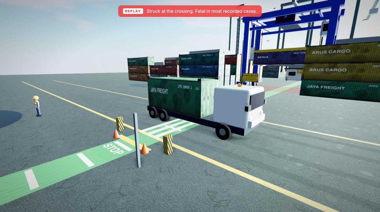 Consequence replay: a terminal tractor strikes a worker at the crossing