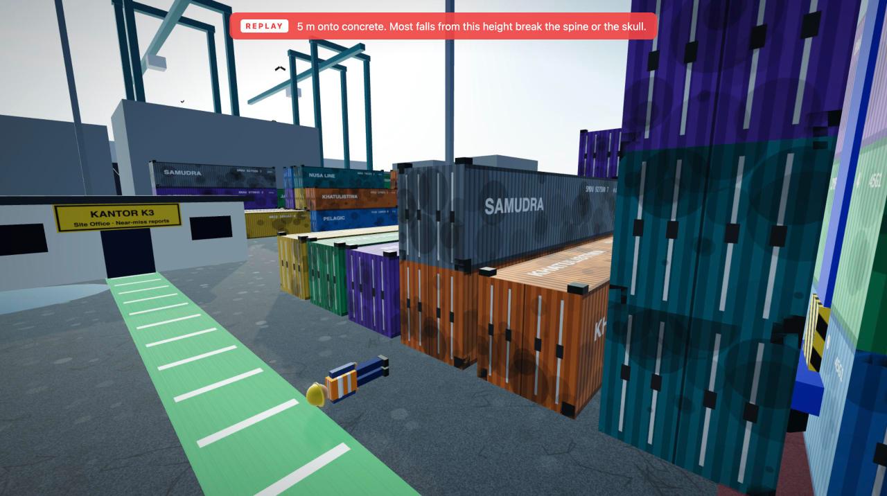 A worker steps off a container roof